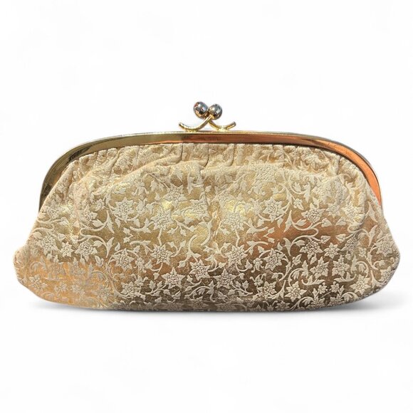 Vtg Gold Brocade Evening Clutch Kiss Lock Purse Red Lining Classic Formal Bag - Picture 1 of 6